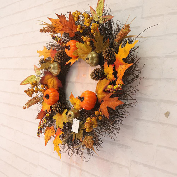 Autumn Wreath Artificial Halloween Decoration for Front Door with Pumpkin