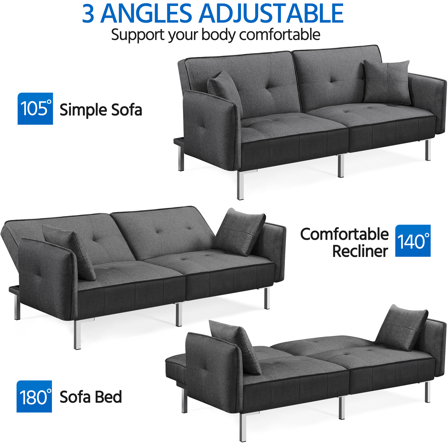 Yaheetech Convertible Sofa With 2 Pillows - Dark Grey