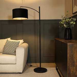 Preto Black Metal Curved Floor Lamp With Black Velvet Shade