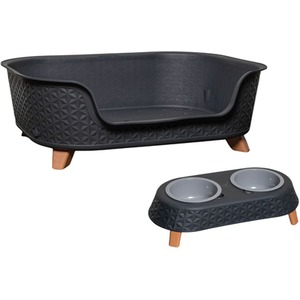 Grey Plastic Raised Pet Basket with Double Pet Bowl Feeder