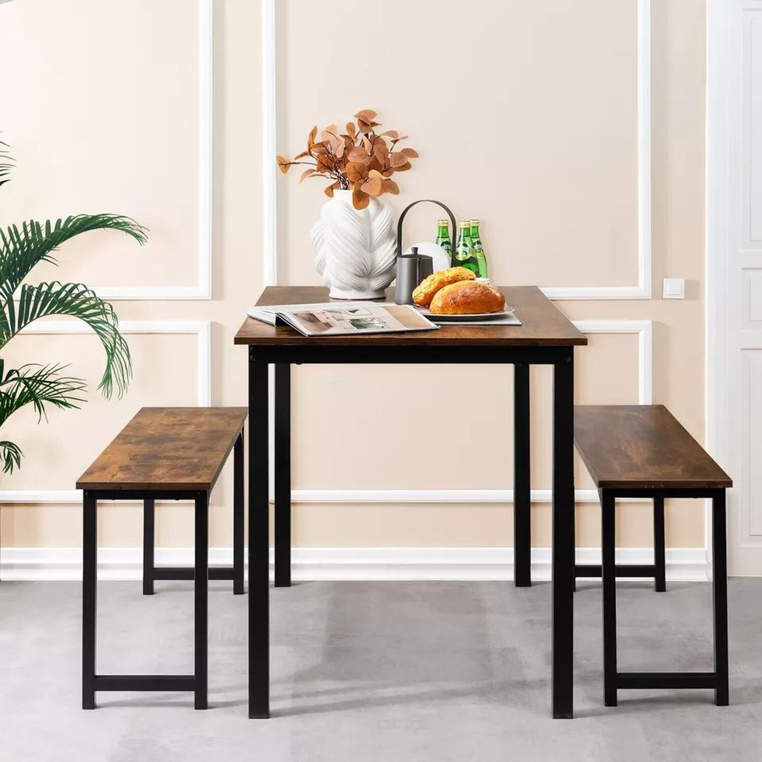 3 Piece Dining Table And Benches - Brown And Black