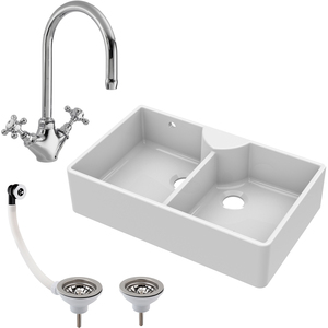 Fireclay 2 Bowl Stepped Weir Butler Sink Overflow Tap Waste 895mm