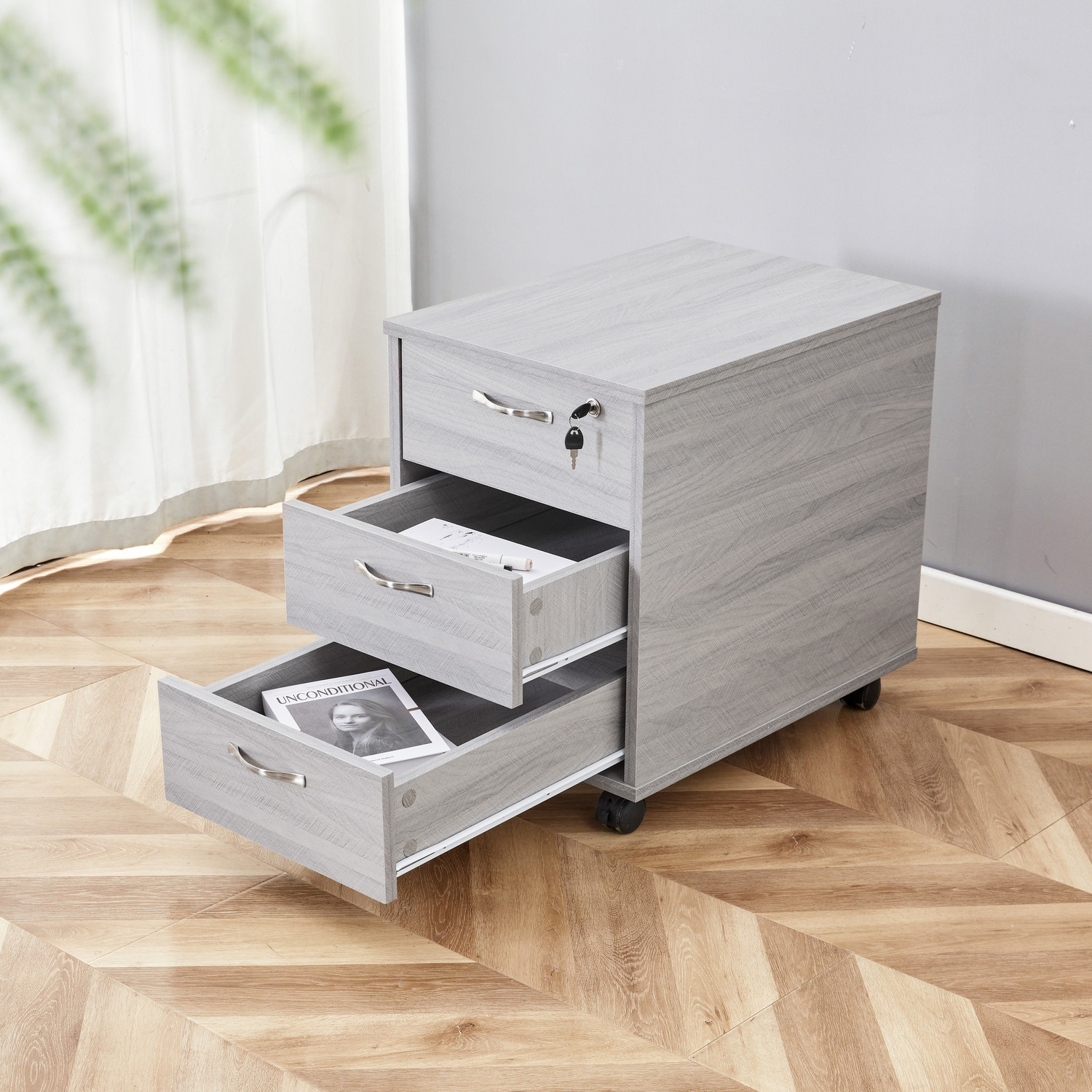 Office Desk L-shaped Shelves With Drawers - Grey