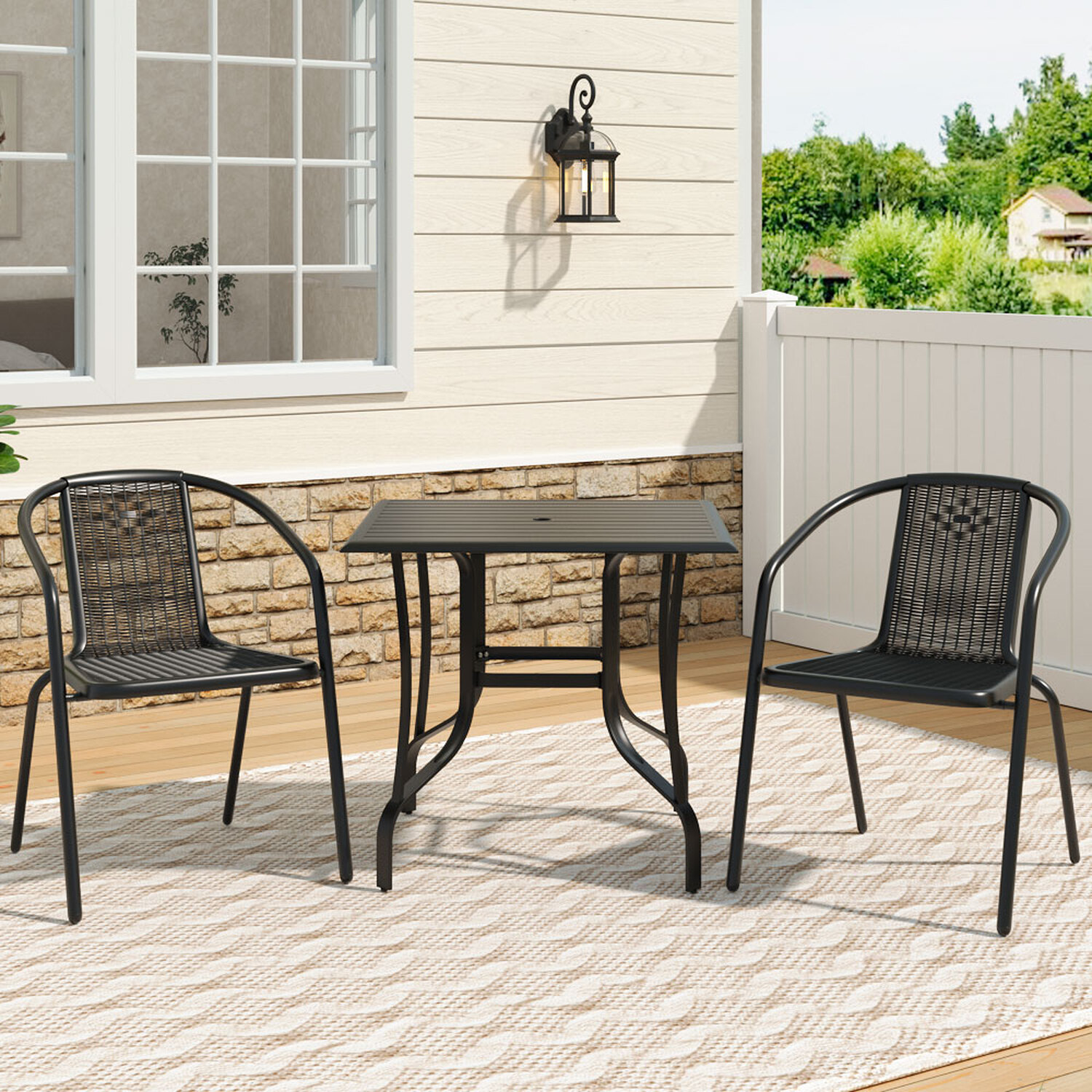 Metal Bistro Set Garden Slatted Table With Two Rattan Chairs - Dark Grey 1 Square Table And 2 Rattan Chairs