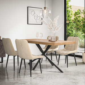 Donni Dining Table And Chairs - Oak Effect Table Top w 4-6 Nova Velvet Chair