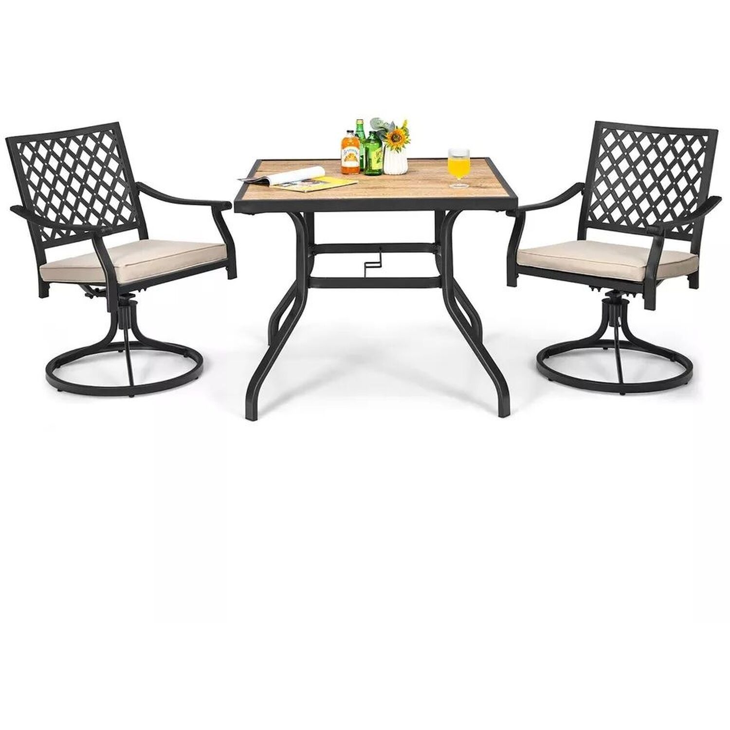 Garden Bistro Set With Swivel Chairs - Black