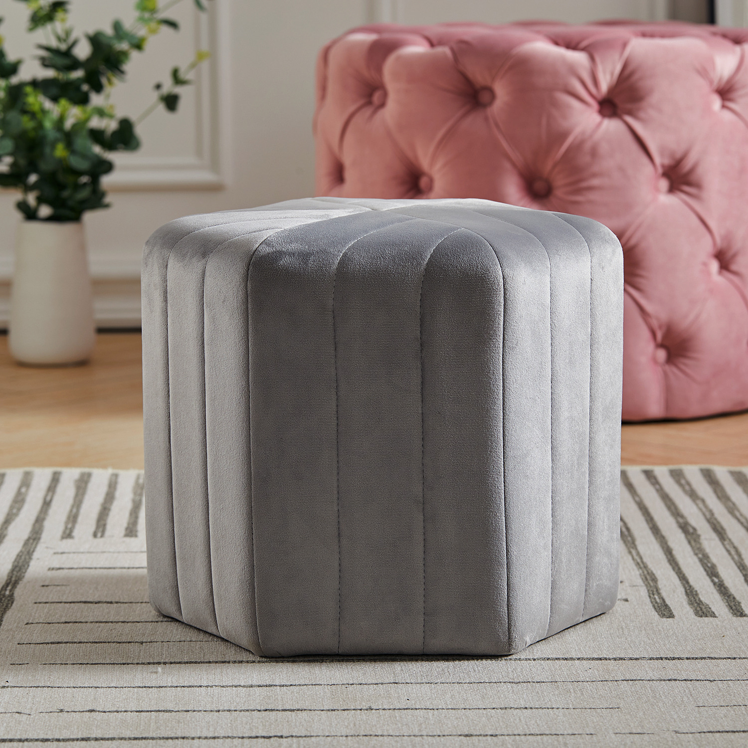 Rhombus Shape Velvet Fabric Footstools - Grey