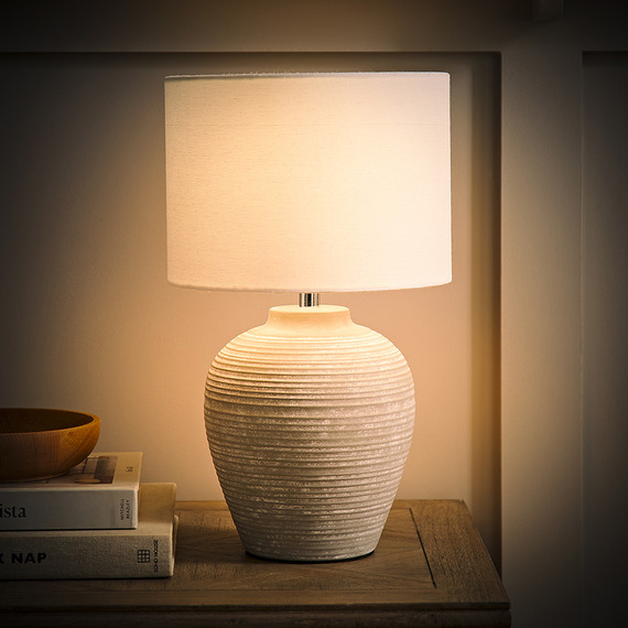 Reid Small Ribbed Ceramic Table Lamp with Linen Drum Shade and LED Bulb