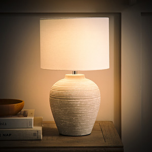 Reid Small Ribbed Ceramic Table Lamp with Linen Drum Shade and LED Bulb
