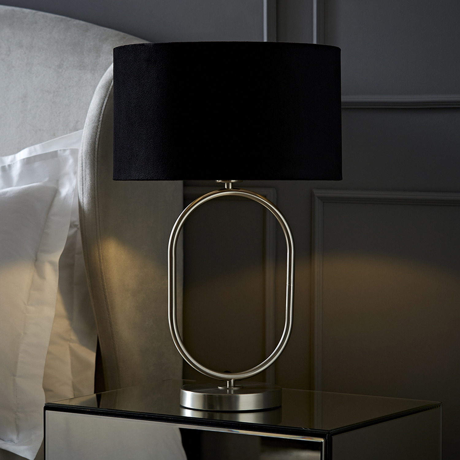 Antonia Brushed Chrome Oval Table Lamp Velvet Drum Shade and LED Bulb - Black