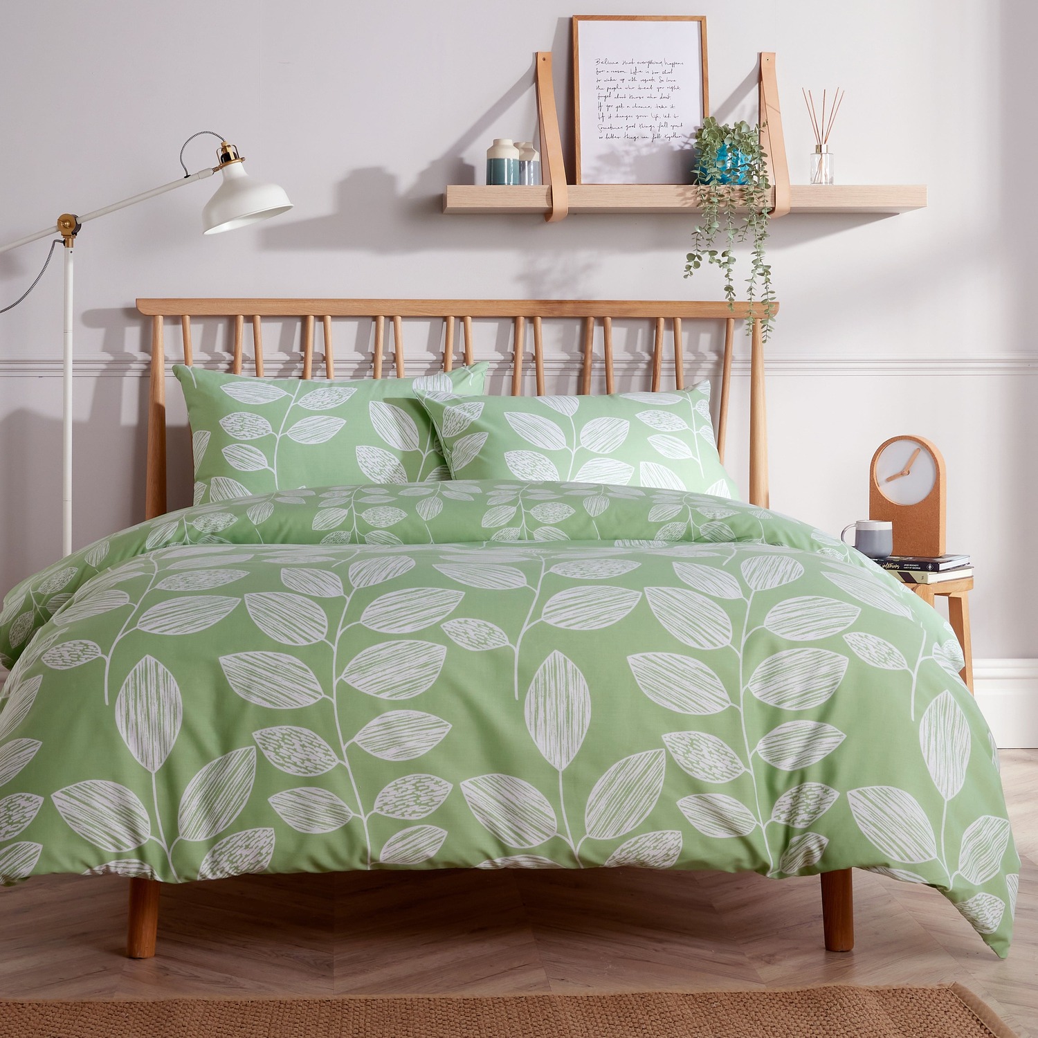 Leaves Printed Duvet Set - Sage Green Double