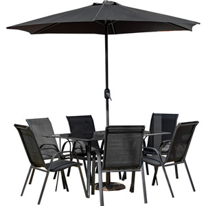 6 Person Rectangular Glass Top Patio Table Chairs with Black Parasol