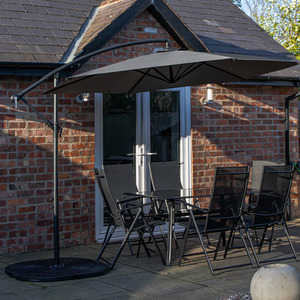 6 Seater Glass Top Table Chairs With Grey Banana Parasol and Base
