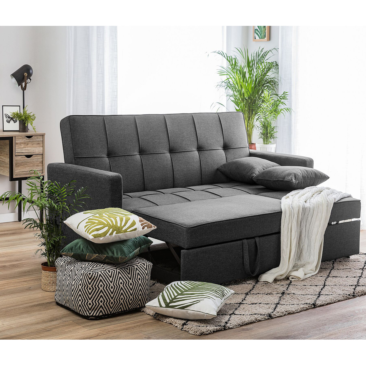 Martin Linen Fabric Reversible Footstool Sofa-bed - Dark Grey