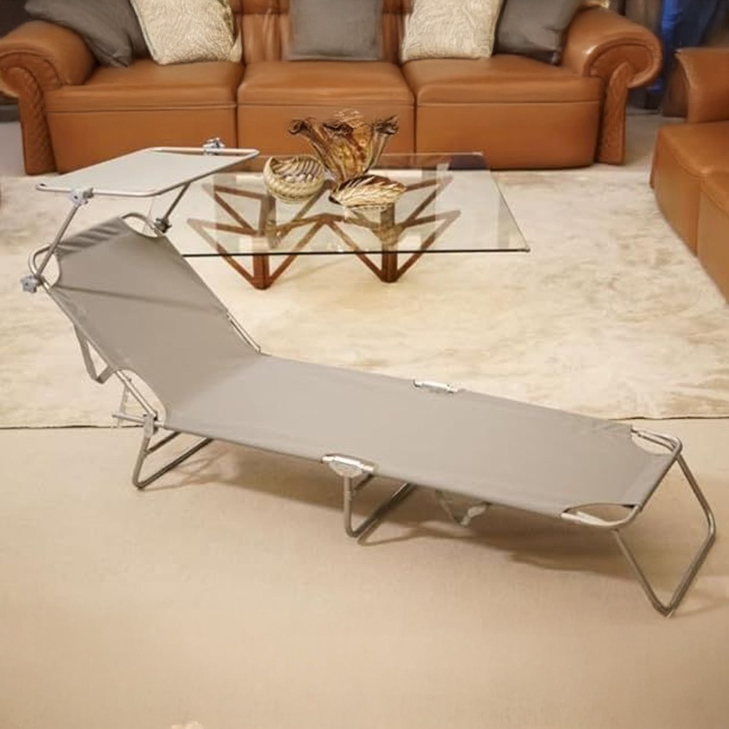 Premium Folding Recliner Sun Lounger Chair With Adjustable Sunshade - Grey