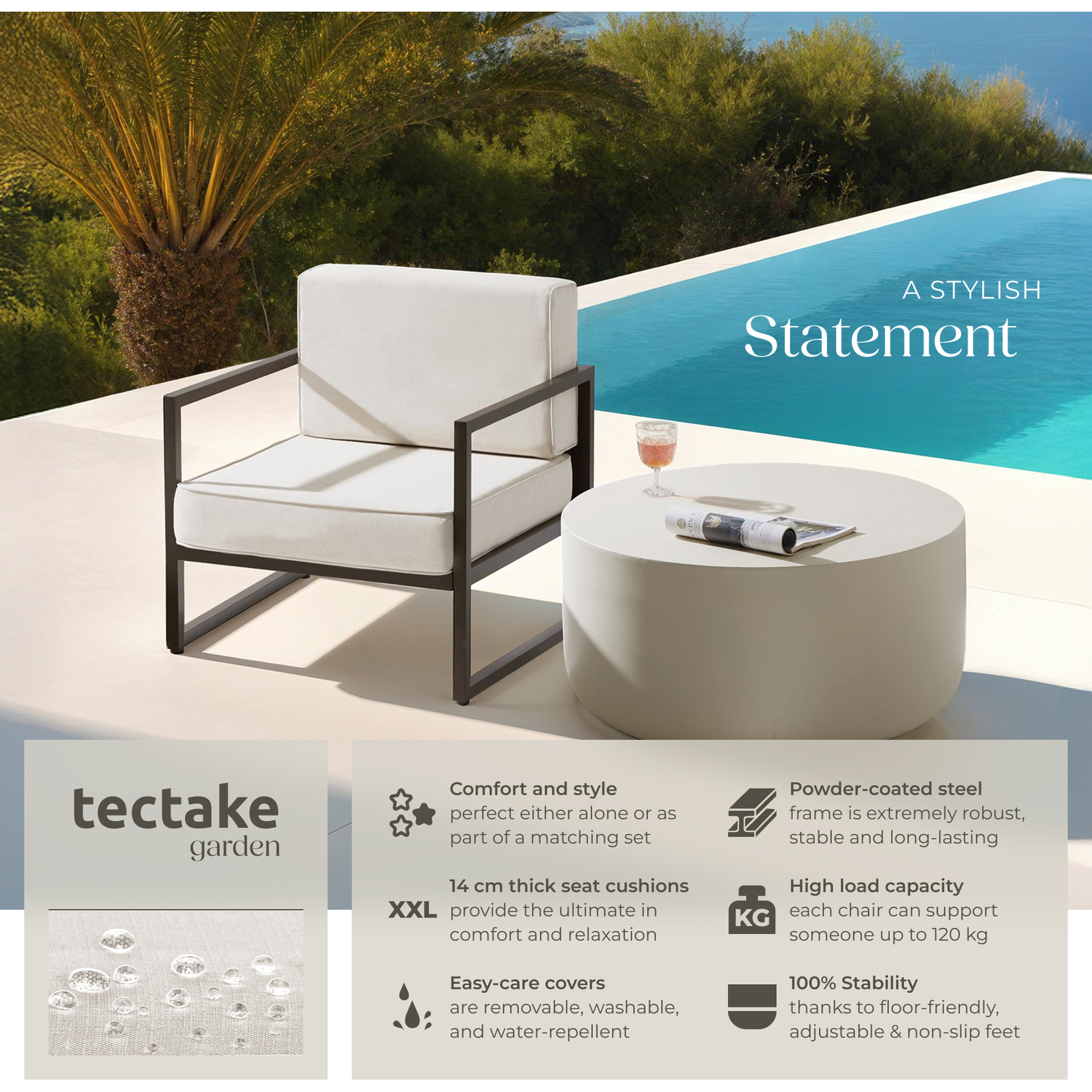 Garden Chair Comosa - Padding Water-repellent Covers Steel Frame - Beige 2