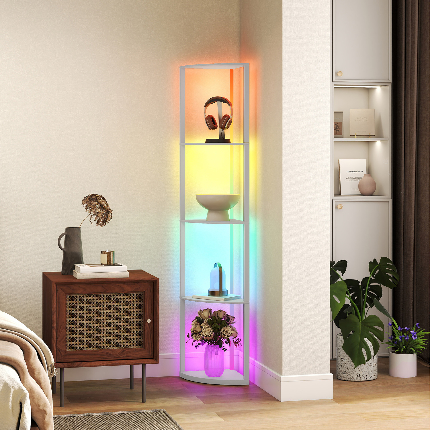 HOMCOM RGB LED Floor Lamp with Shelves and Remote Control for Living Room - Grey