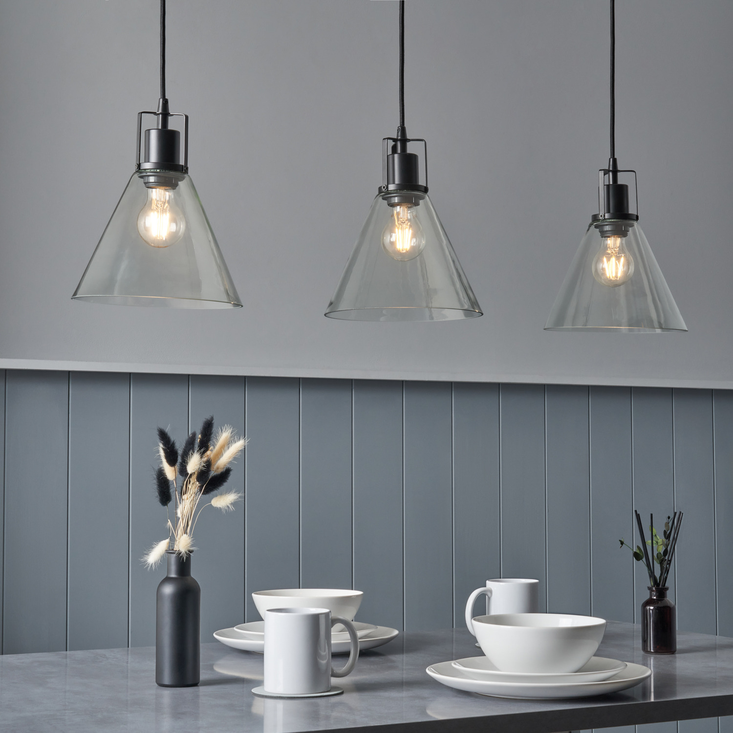 Clara 3 Light Ceiling Pendant Bar - Matte Black Clear