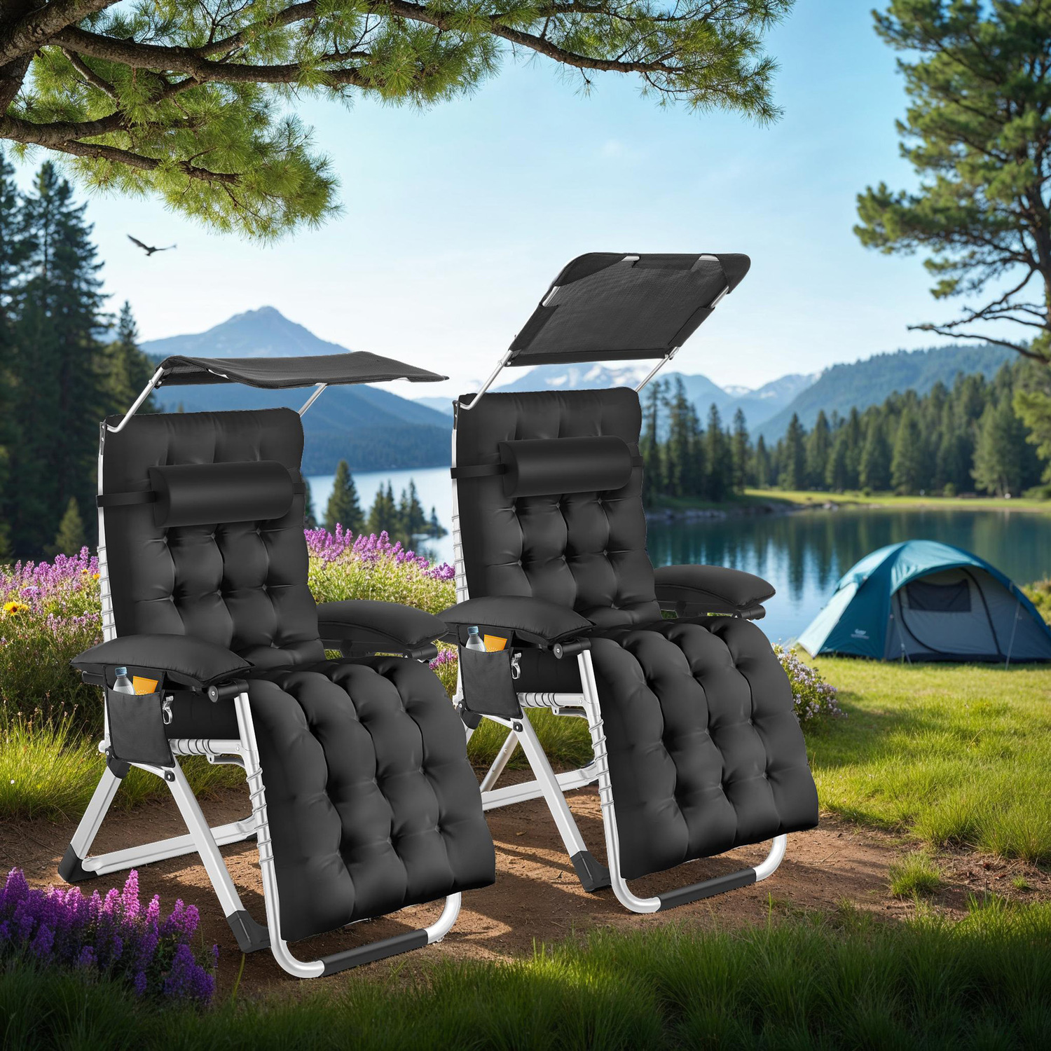 Sun Lounger Plush Padding Sun Shade Folding Function - Black 2