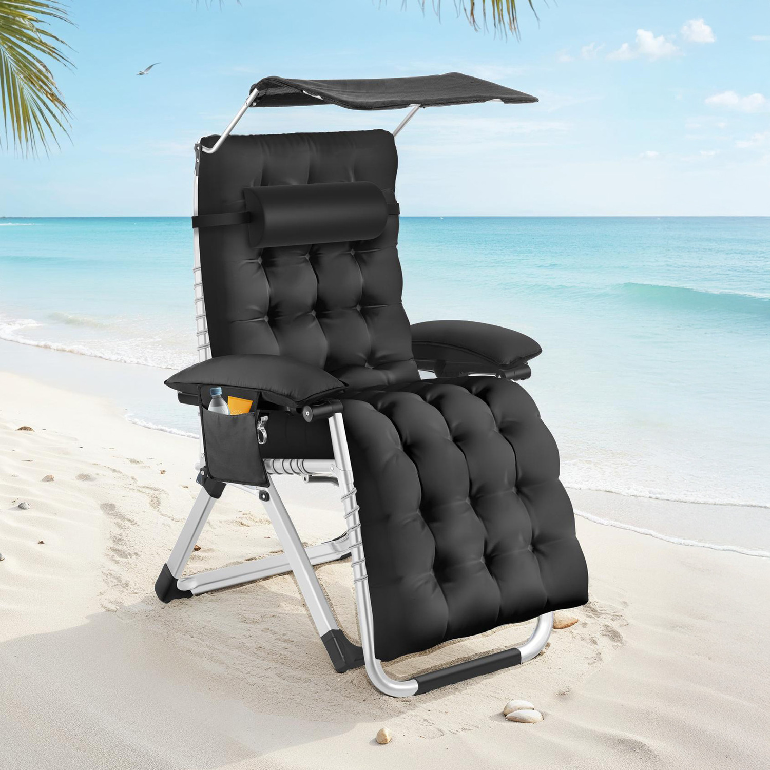 Sun Lounger Plush Padding Sun Shade Folding Function - Black 2