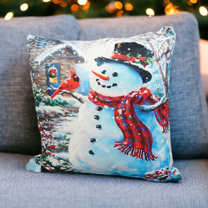 Christmas Themed Cushion Snowman outside house