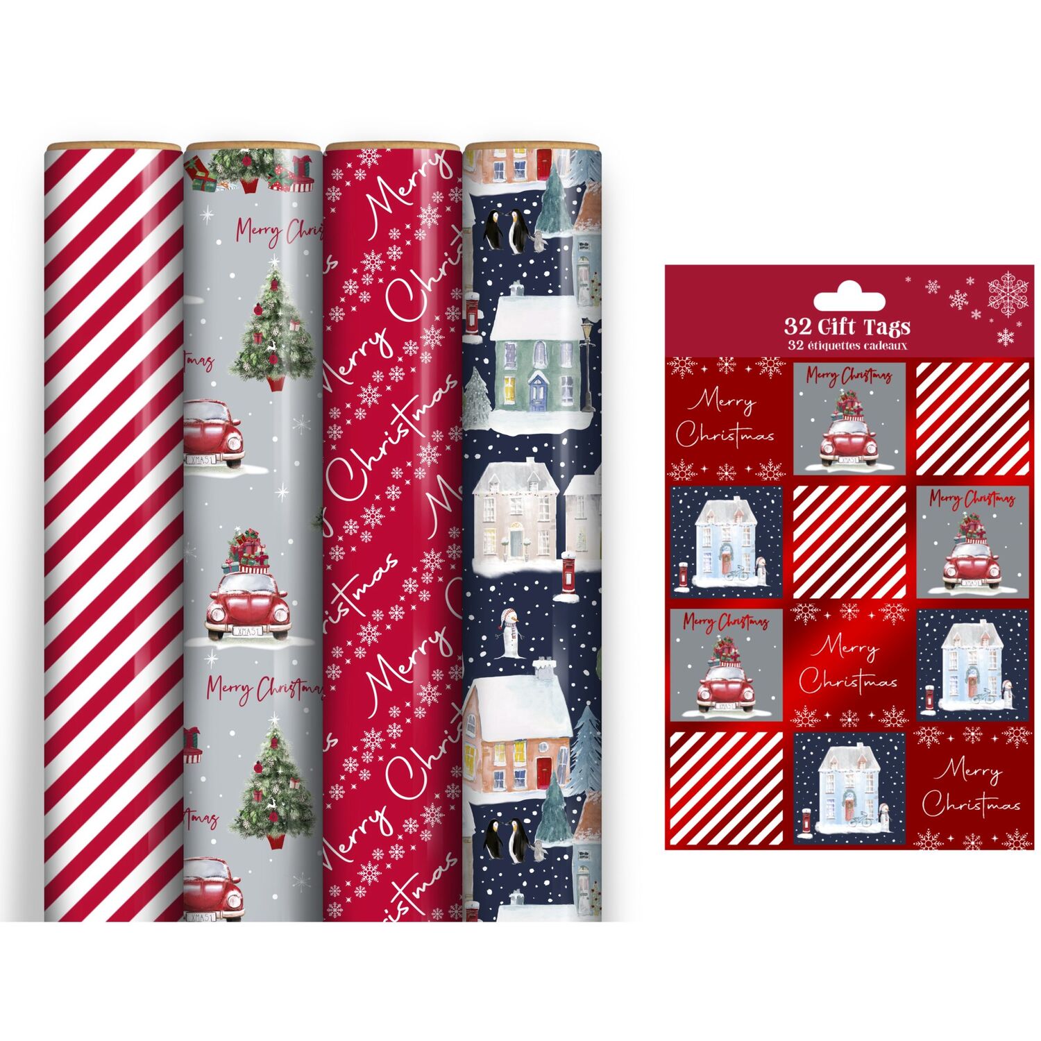 4 Rolls Christmas Wrapping Paper 7M Contemporary Matching Tags - Multicolour