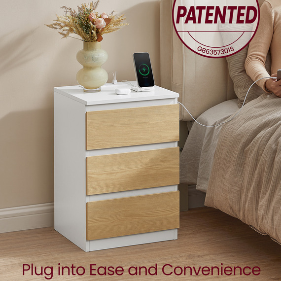 VASAGLE Bedside Table with Power Strip, Side End Table with Drawers