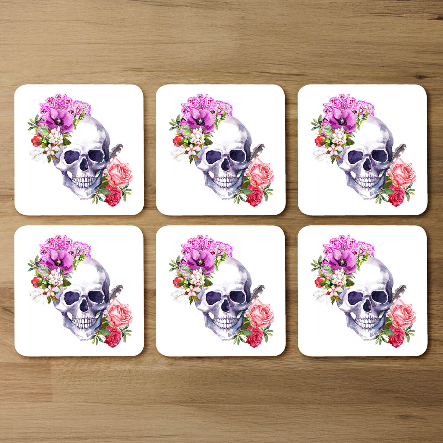 Human Skull With Flowers Coaster - Pink