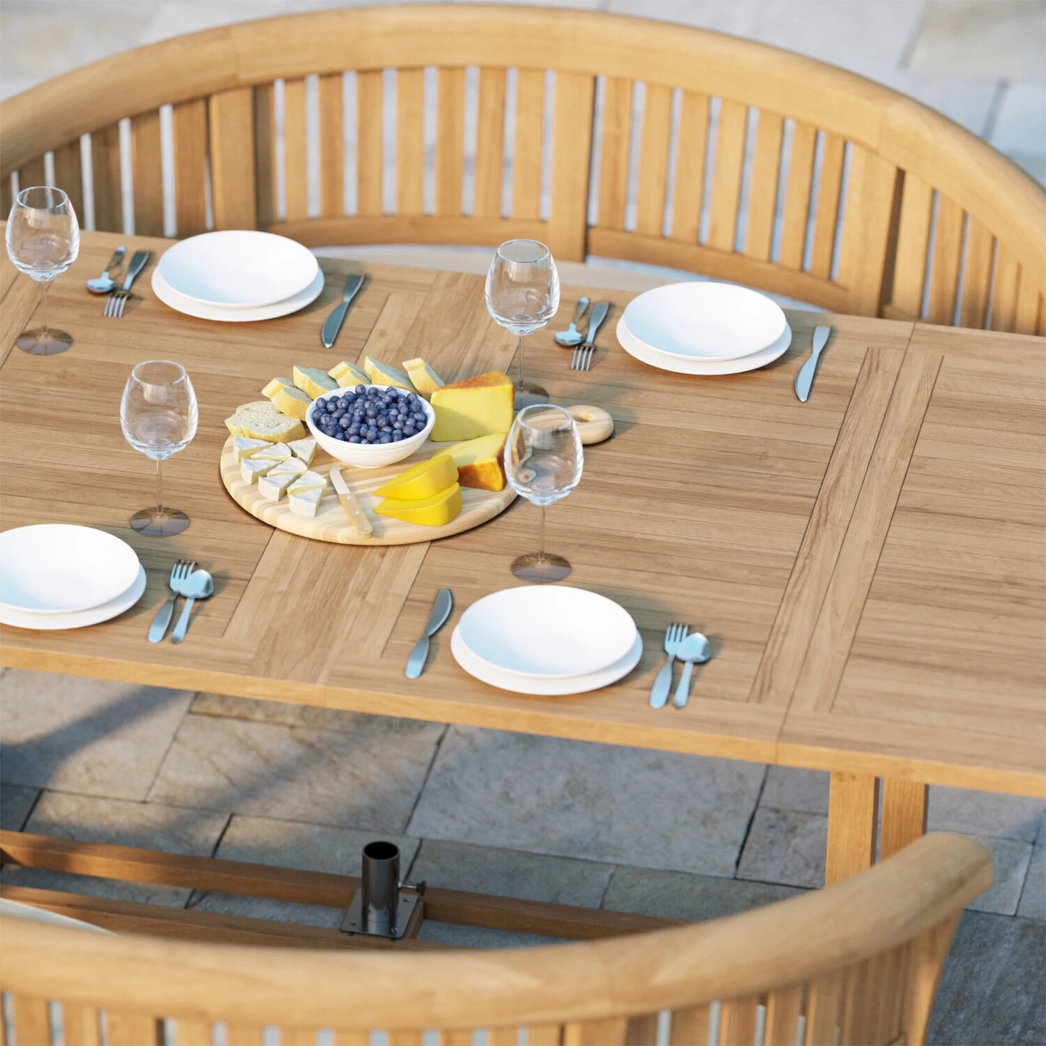 Lisbon Teak Garden Dining Table And 4 Seat Chair Set - Teak Table 2 Chairs 2 Benches Green Cushions