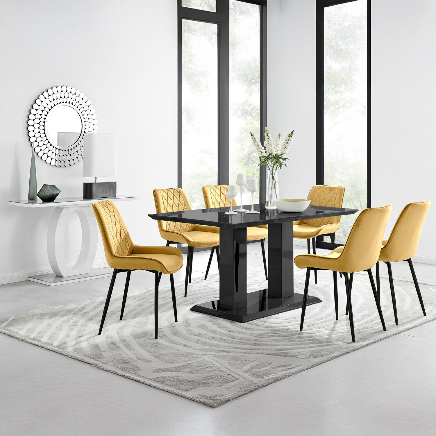 Imperia 6-Person Black Dining Table with 6 Pesaro Black Leg Chairs - Mustard