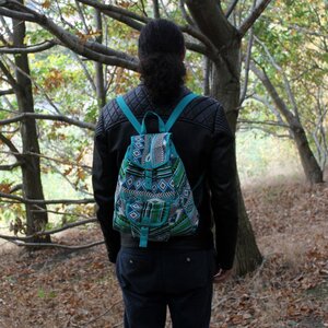 Teal Jacquard Backpack - Ethnic Travel  Casual Bag for Women