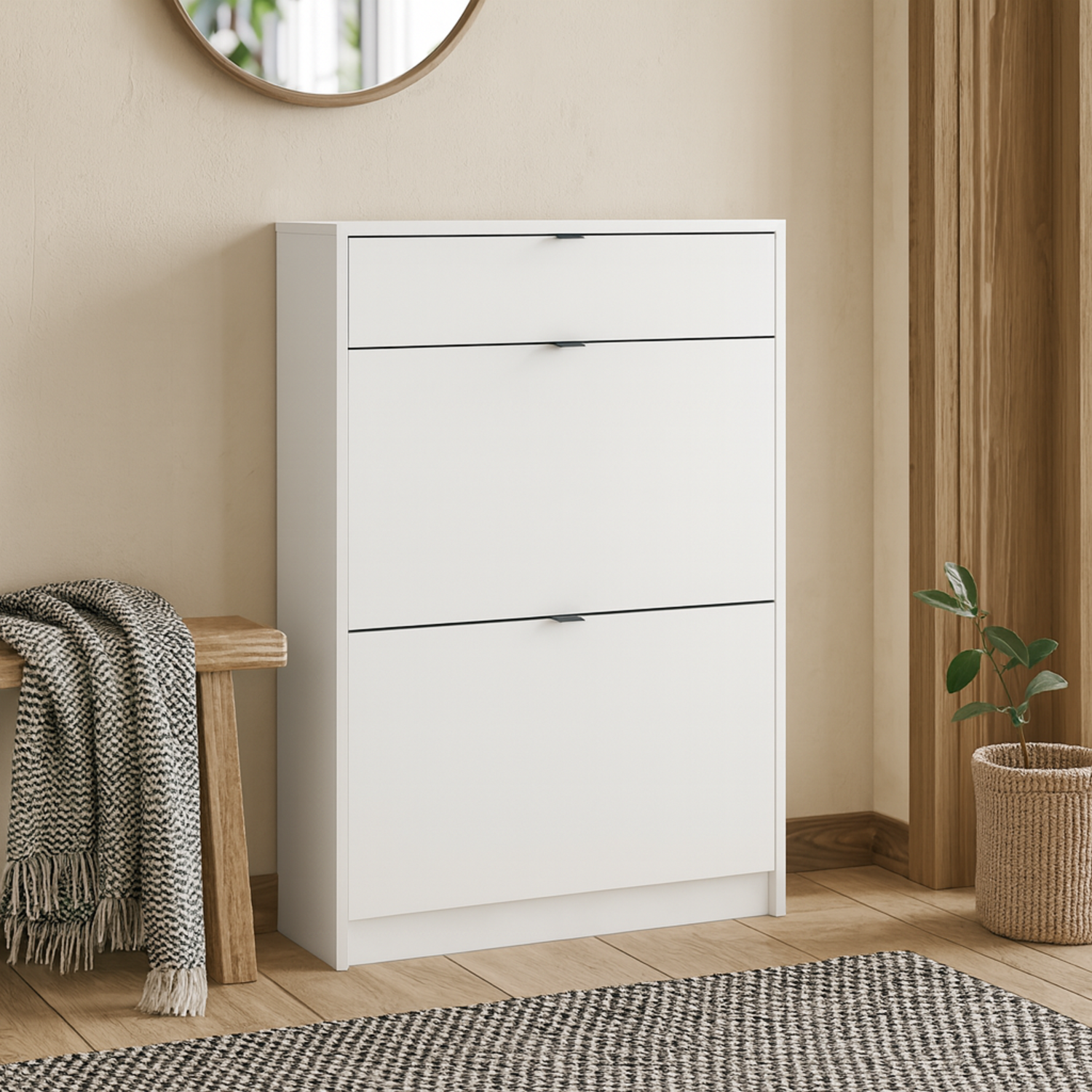Prague Shoe Cabinet, Soft White, 2 Flip-Down Doors 1 Drawer - White