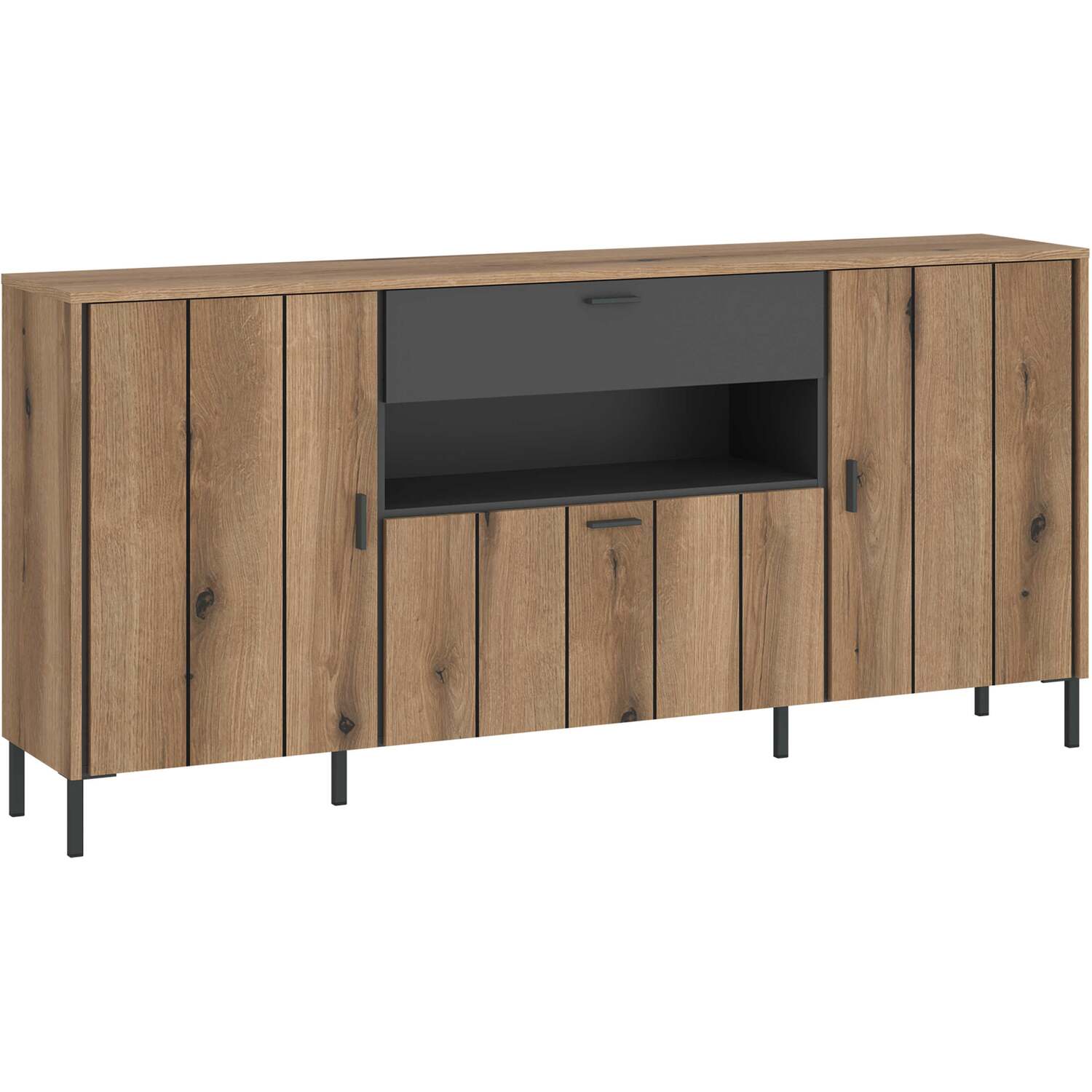 Nightbloom Grey and Oak-Effect Panelled Sideboard 3 Door 1 Drawer - Grey
