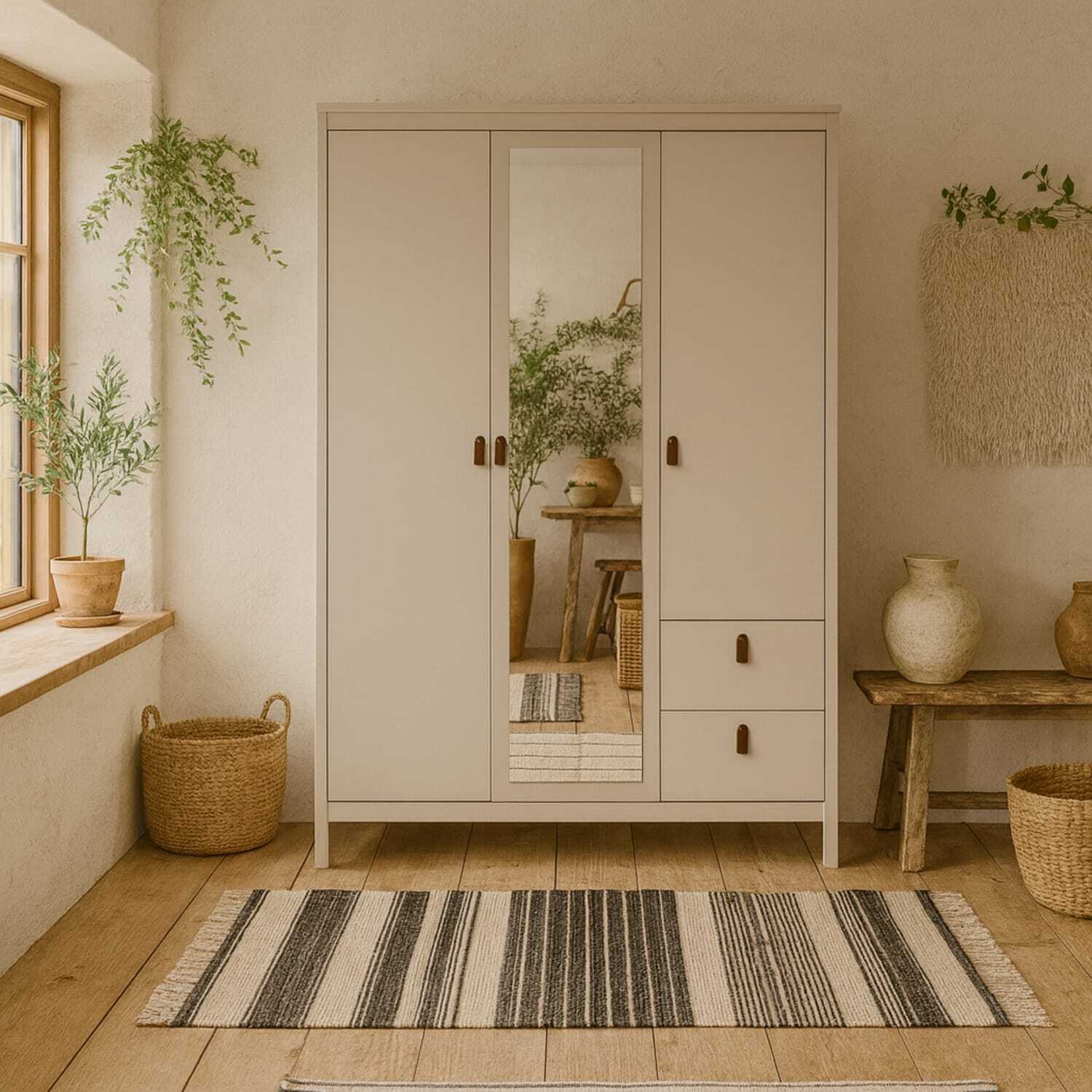 Wildberry Cashmere 3-Door Wardrobe with Central Mirror and 2 Drawers, Leather Handles - Cream