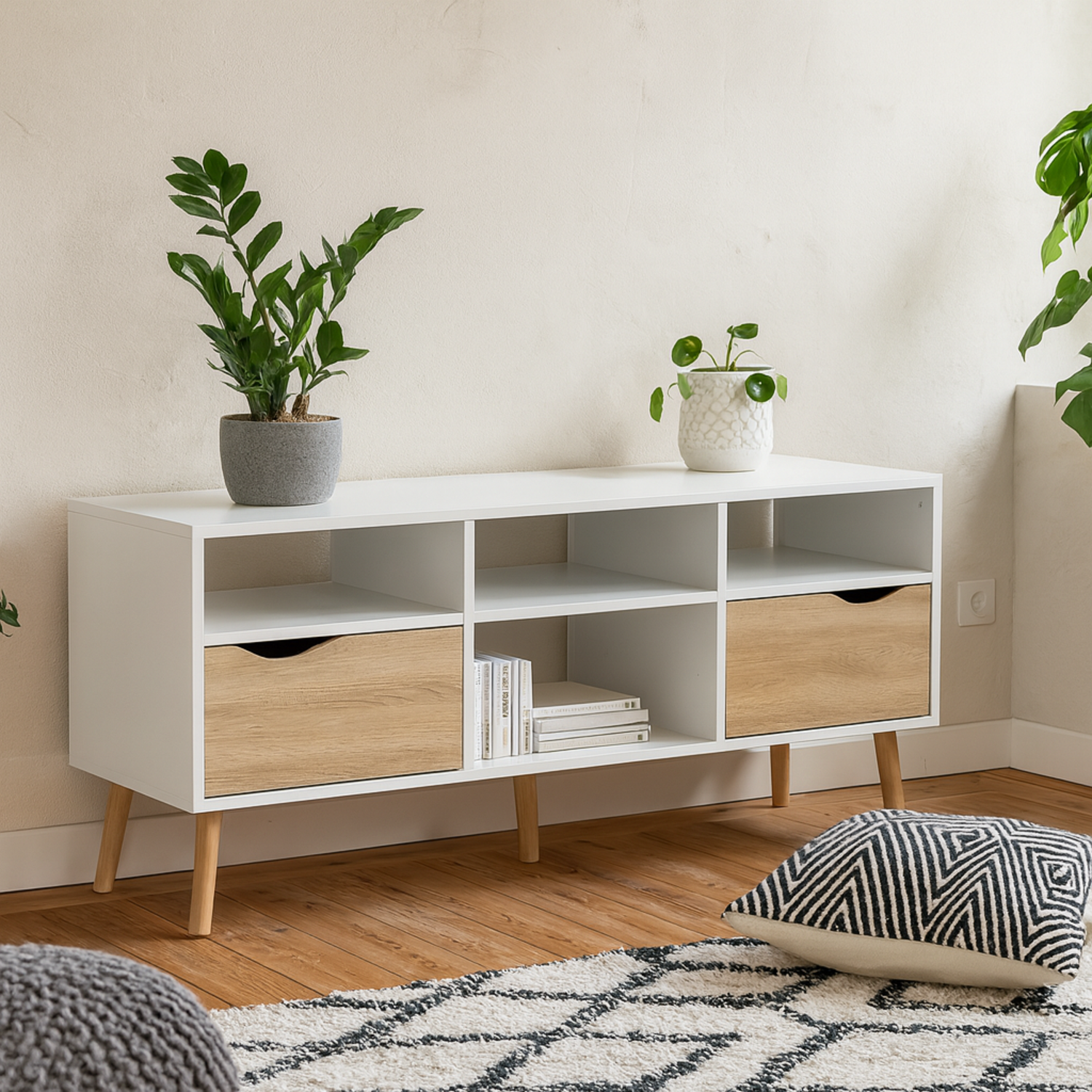 Wyld Haus Sapporo Wide TV Unit, White and Natural Oak, 2 Drawers, 4 Shelves - White and Natural