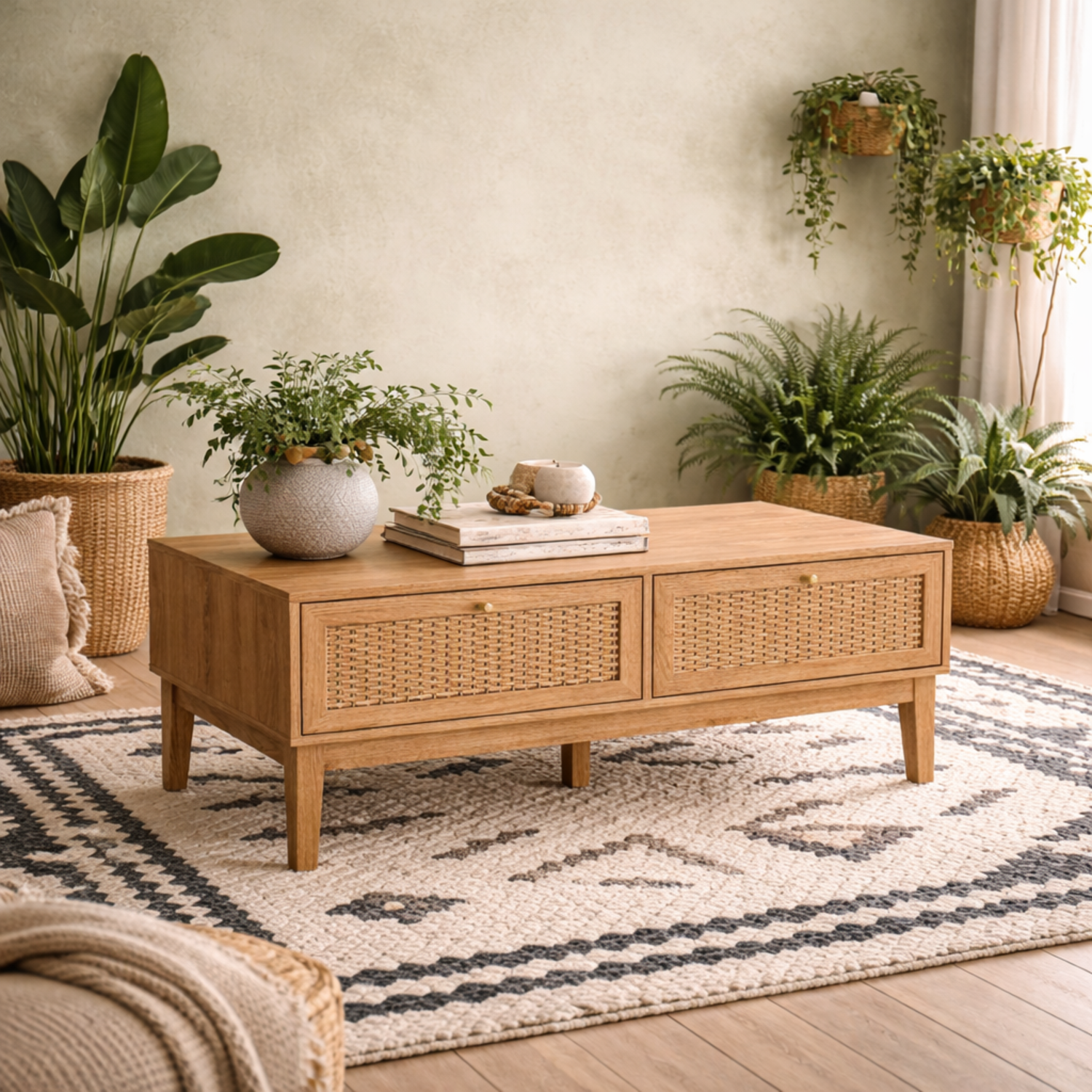 Waterford Oak-Effect and Rattan Coffee Table, 2 Drawers, Natural Matt Finish - Natural