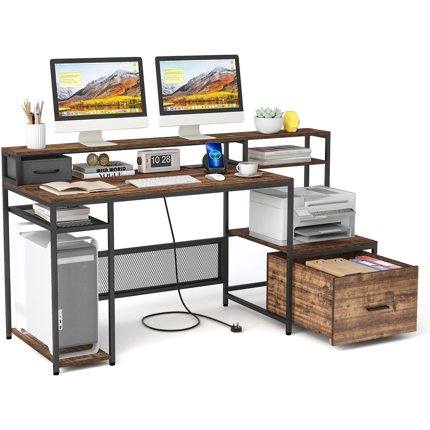 Costway Office Desk With File Drawer - Brown