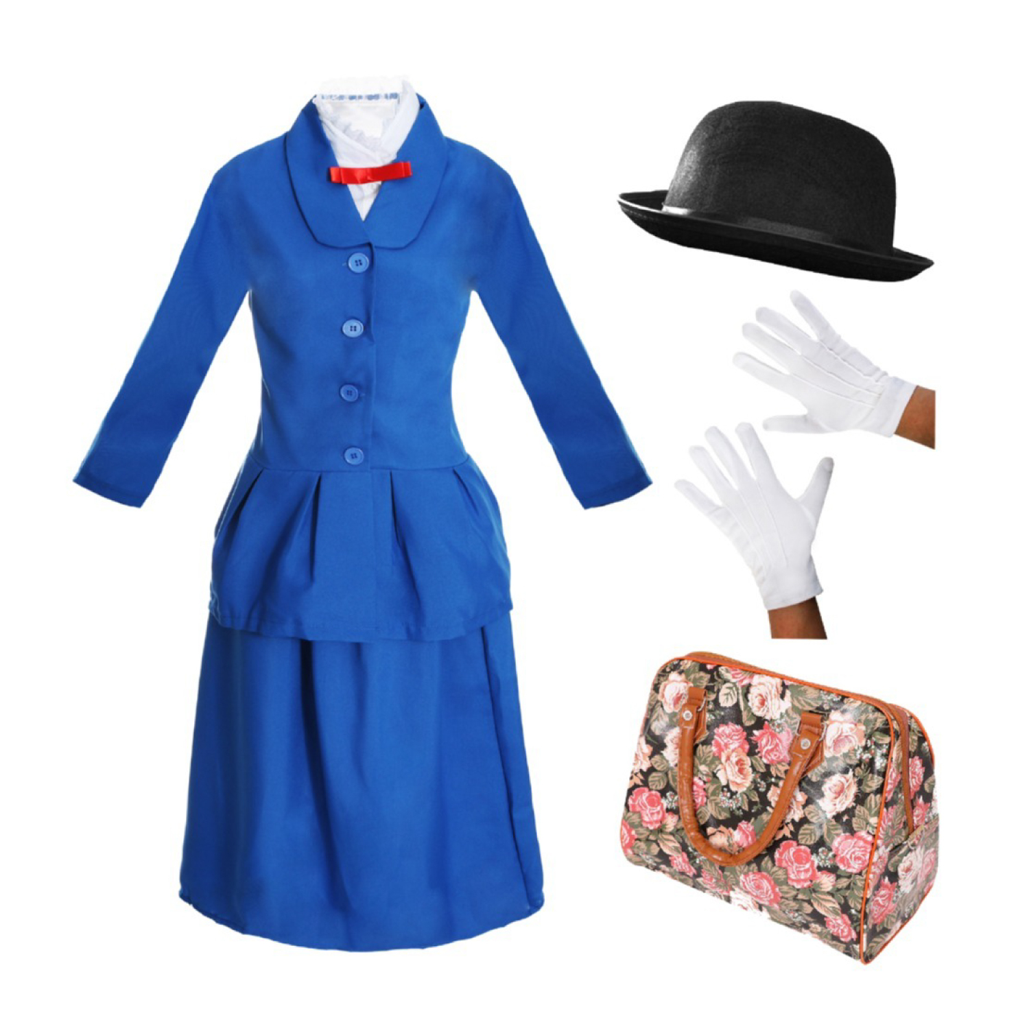 Magical Nanny Costume - with 55cm Hat, Gloves & Floral Bag