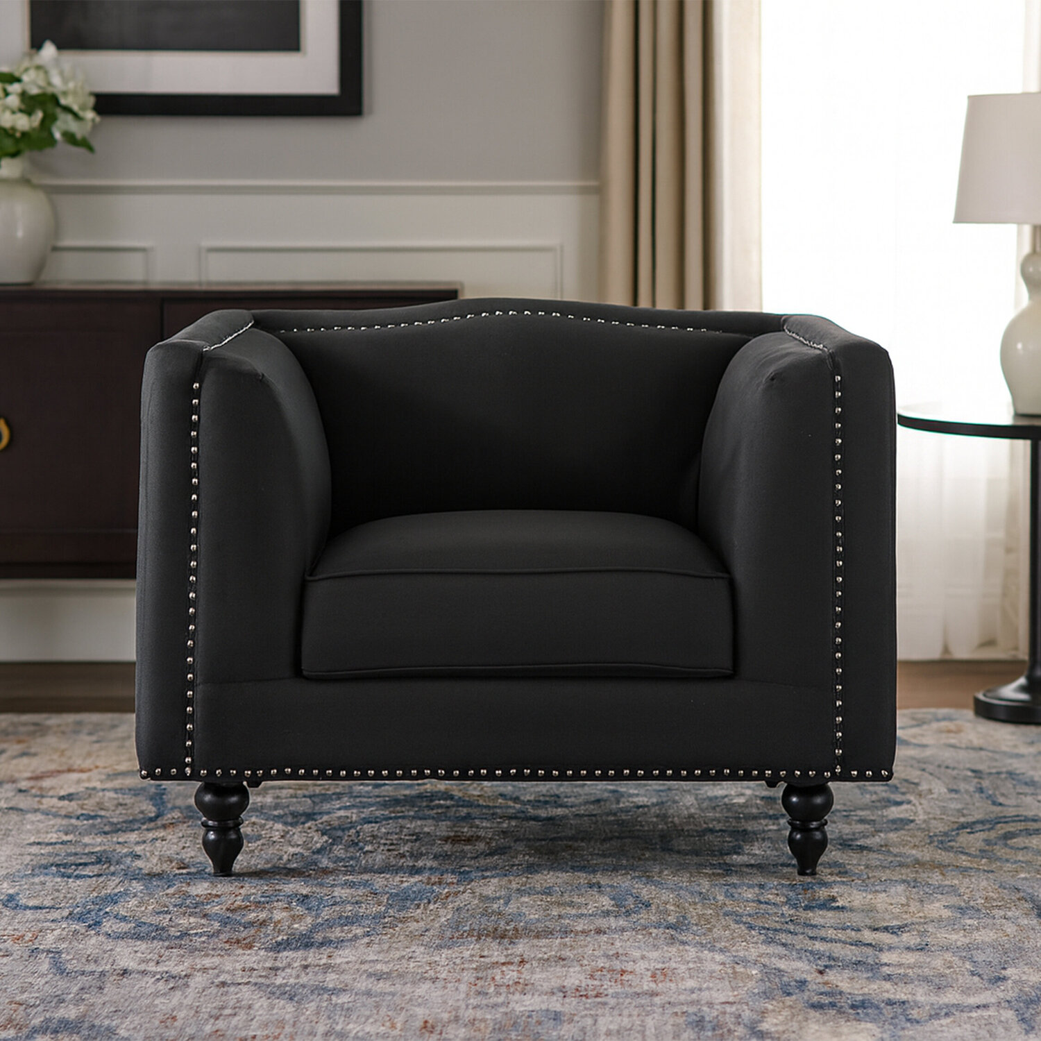 Interiors By Premier Feya Black Fabric Chair With Stud Detail - Black