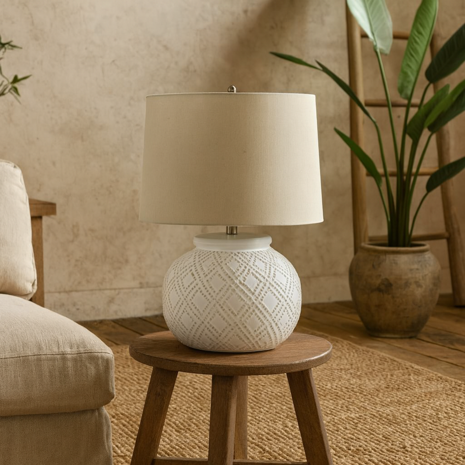 Lautrec Geometric Dot Ceramic Table Lamp with Linen Shade - White