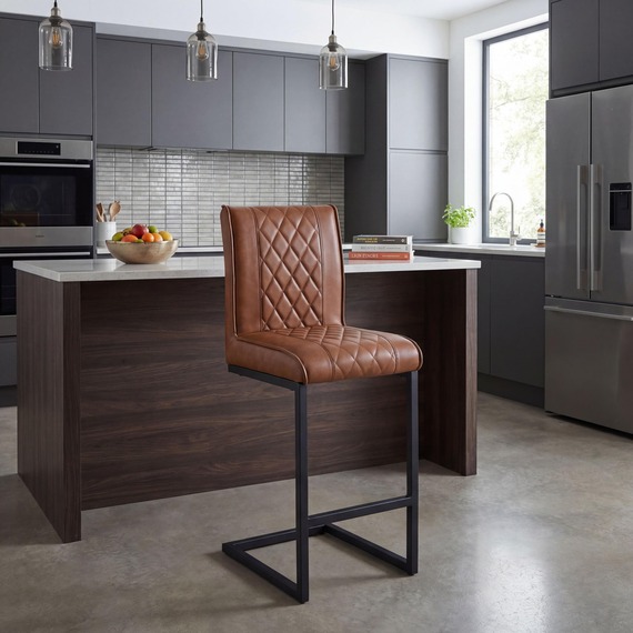 Kingsley Tuscan Tan Leather Effect Cross Stitch Bar Stool with Black Metal Frame