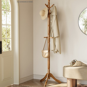 Wooden Coat Rack with 10 Hooks, Caramel Brown