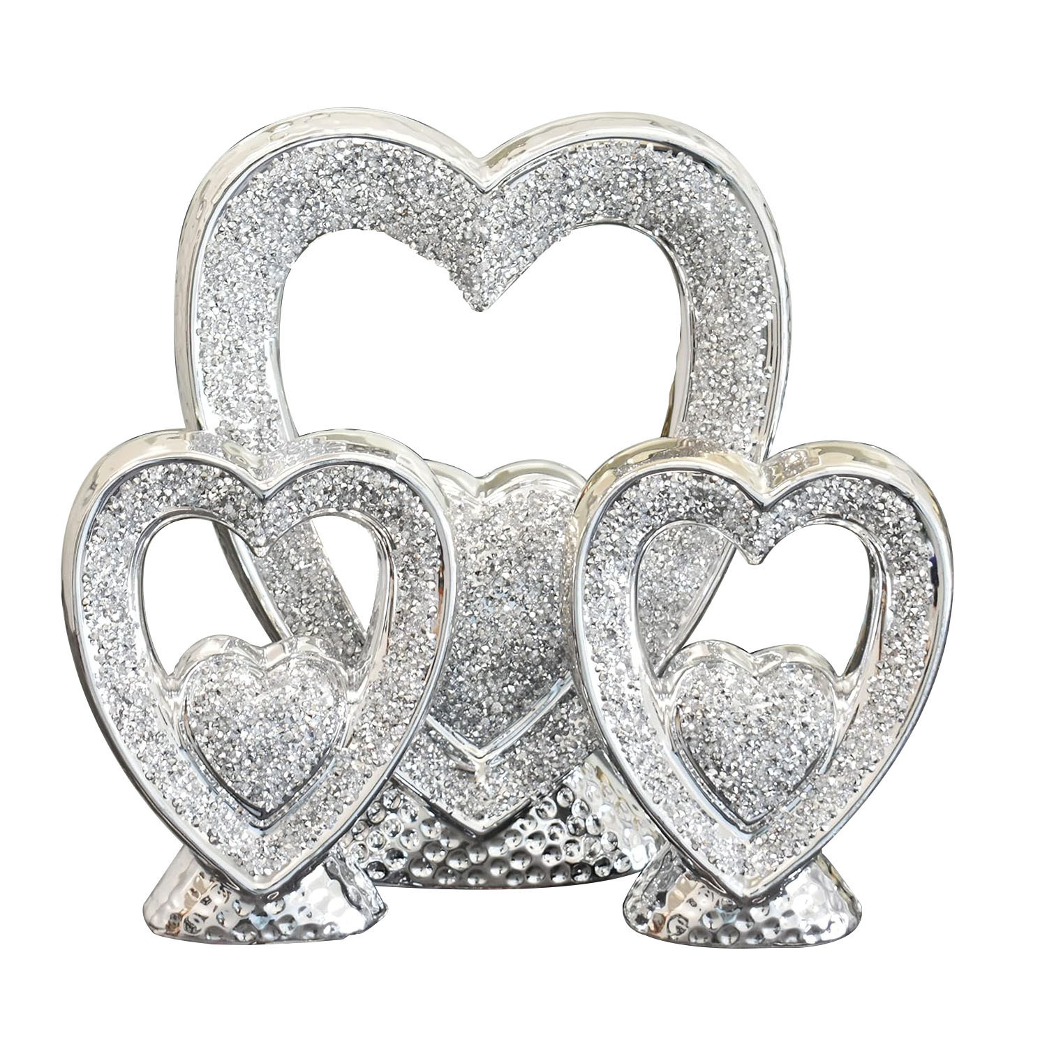 Set Of 3 Silver Hearts Sparkle Ornament Crushed Diamond - Silver
