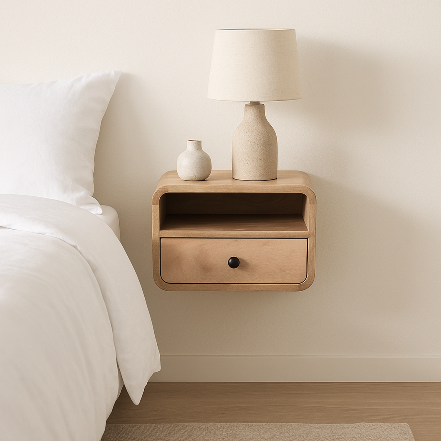 Artisan Furniture Solid Wood Extra Mini Wall Mounted Curved Oak-Ish Bedside With Open Slot - Brown