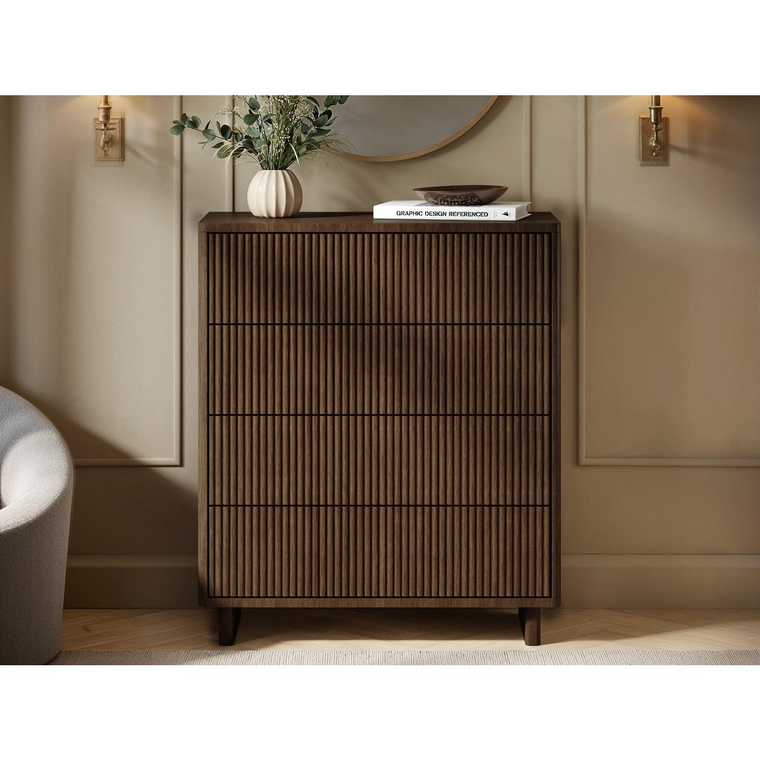 Solace+Co Velmor Ribbed Chest Of 5 Drawers Walnut, Brown - Image 3