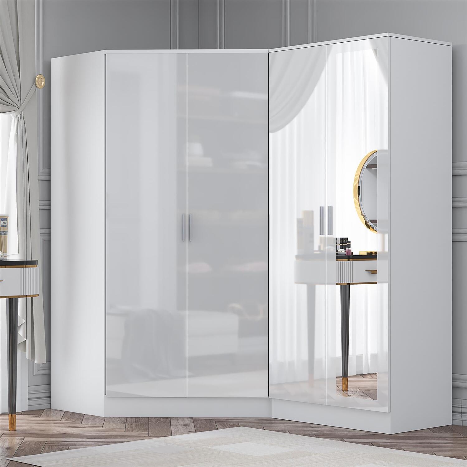 REFLECT Corner + 2 Door Mirror Wardrobes - White Gloss / White Matt Finish - Image 6