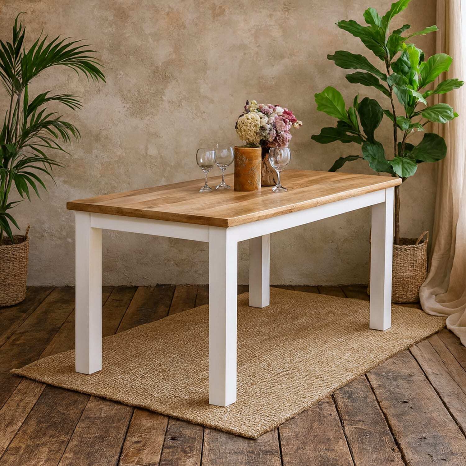 Alington 170cm Solid Mango Wood Rectangular Dining Table, White & Natural