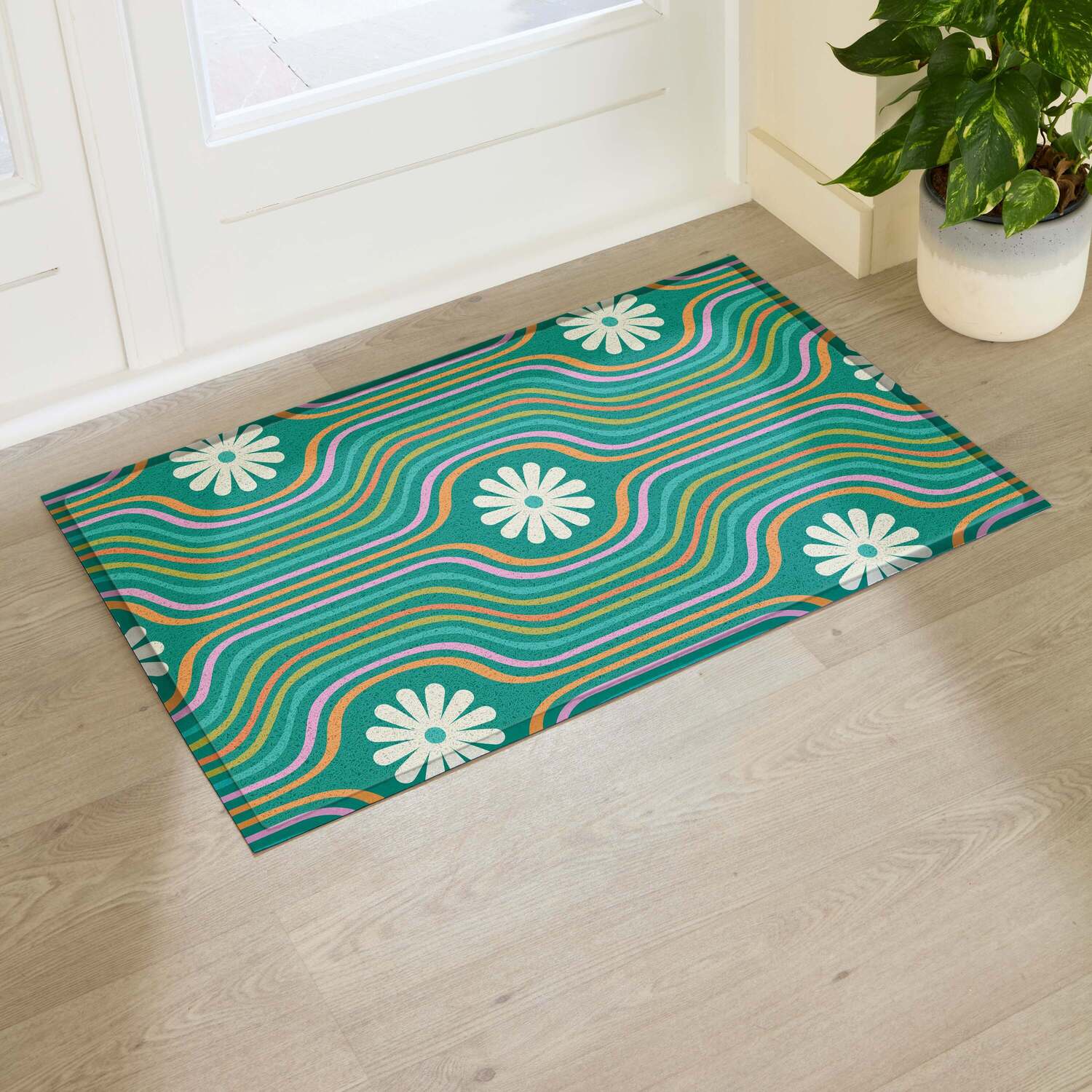 Artsy Mats Elizabeth Olwen Flower Lines Green Indoor/Outdoor Doormat (90X60cm) - Multi / 90 X 60Cm