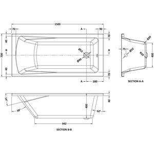 Balterley Modern Square Single Ended Straight Shower Bath with Leg Set, 1500mm
