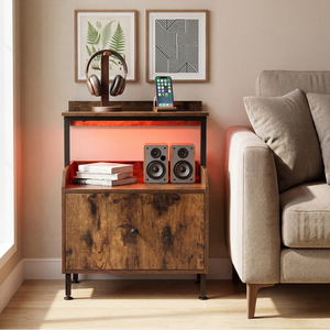 Industrial Bedside Table with Drawer And Charging Station